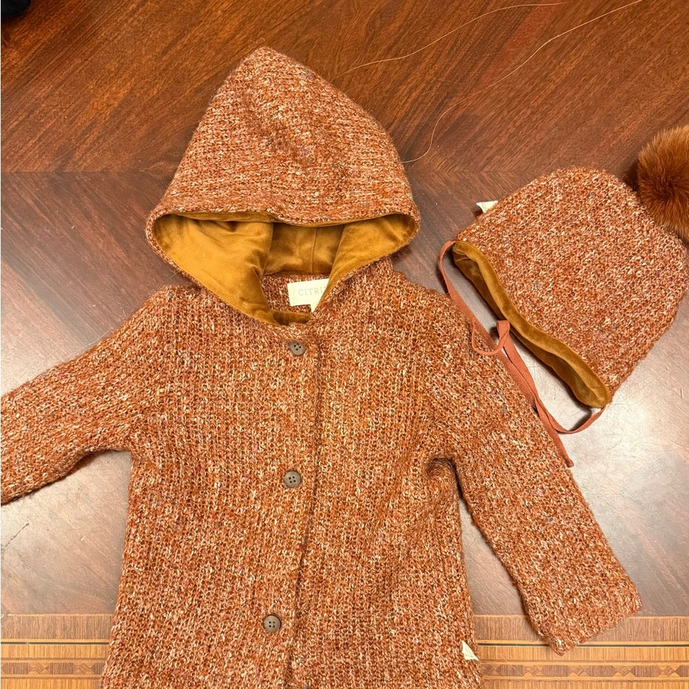 Toddler Knit Hooded Peacoat with Pom Hat - Rust